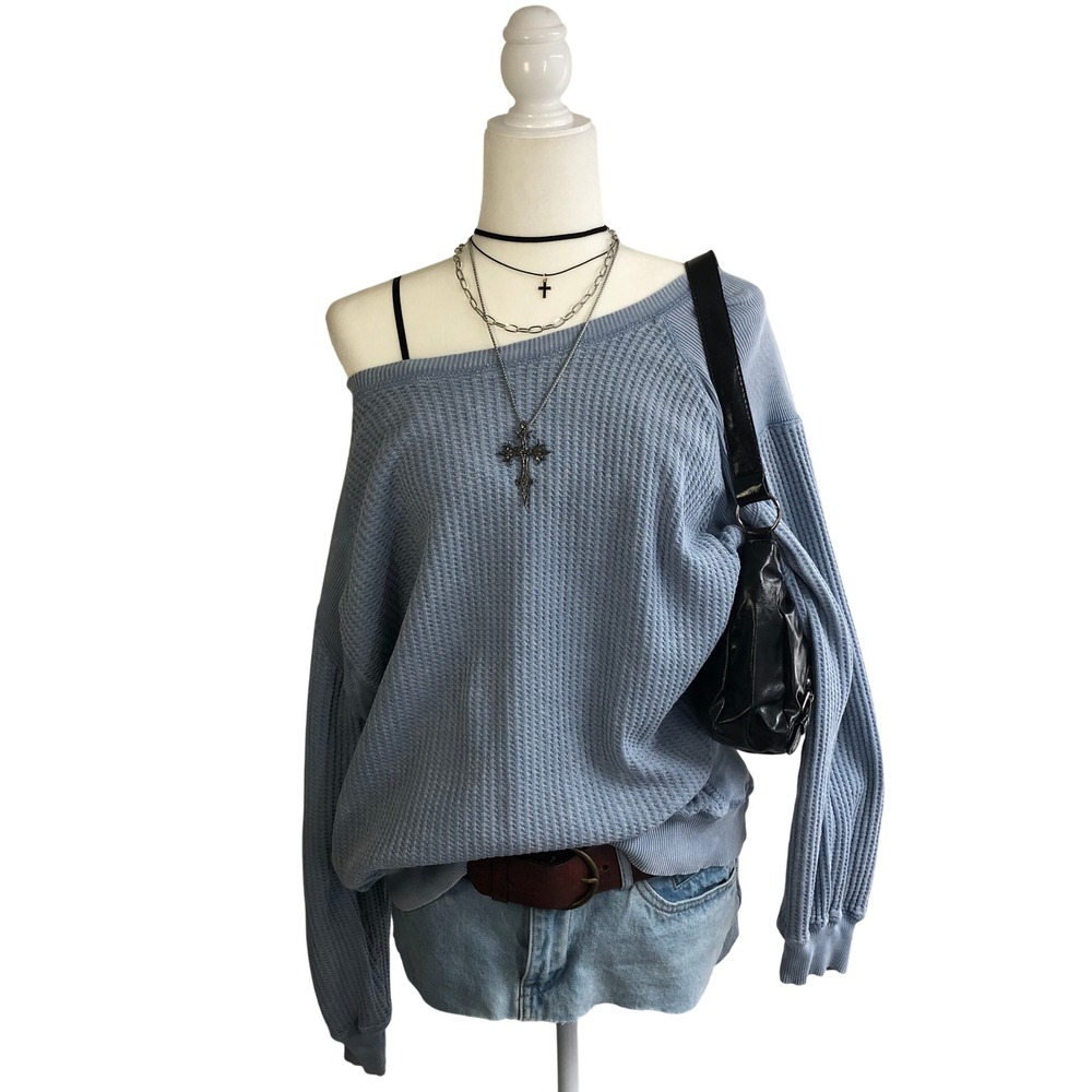 Farmers Market Blue Waffle Knit Thermal Sweater Oversized Slouchy Womens XL